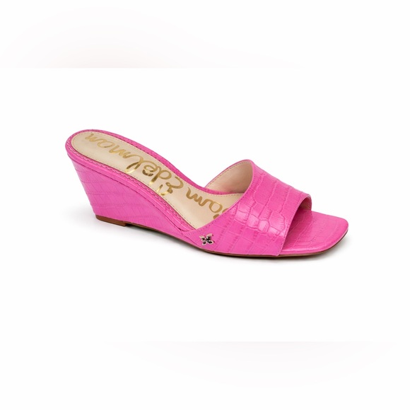 Sam Edelman Shoes - Sam Edelman Tesma Croc-Embossed Wedge Mules Hot -Pink Chic Statement Heels SZ-8